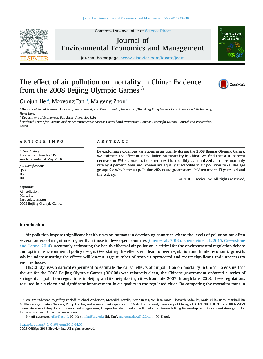 The effect of air pollution on mortality in China: Evidence from the 2008 Beijing Olympic Games 