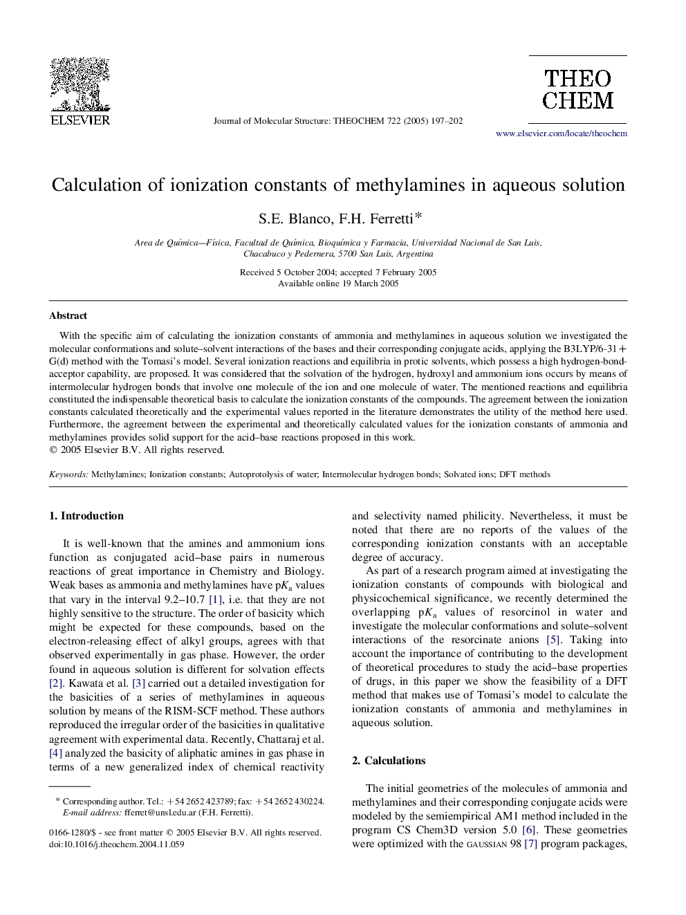 Calculation of ionization constants of methylamines in aqueous solution