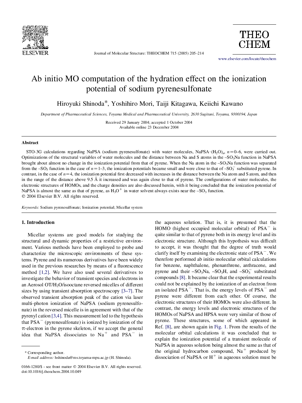 Ab initio MO computation of the hydration effect on the ionization potential of sodium pyrenesulfonate