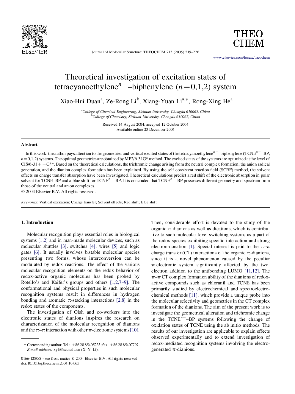 Theoretical investigation of excitation states of tetracyanoethylenenâ-biphenylene (n=0,1,2) system