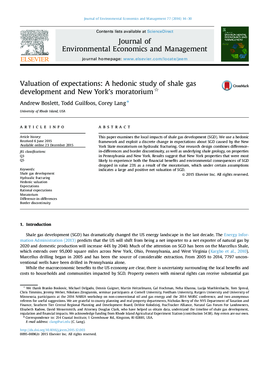 ارزیابی انتظارات: مطالعه لذت گرایانه توسعه گاز شیل و مهلت قانونی نیویورک