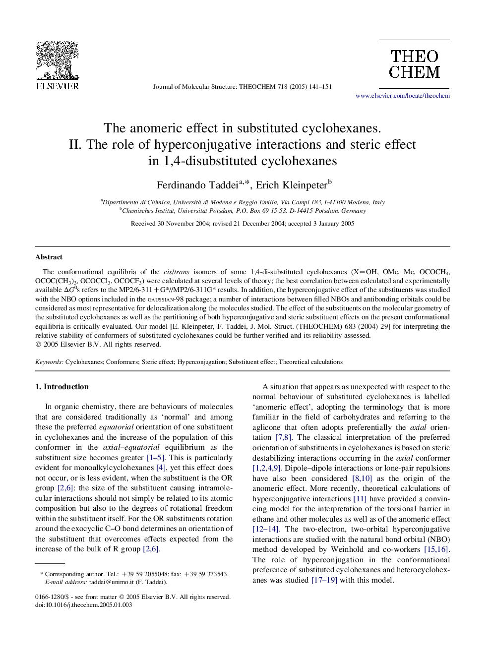 The anomeric effect in substituted cyclohexanes. II. The role of hyperconjugative interactions and steric effect in 1,4-disubstituted cyclohexanes