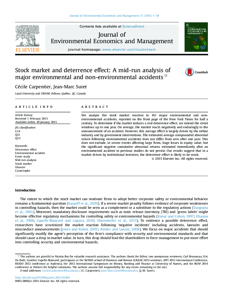 Stock market and deterrence effect: A mid-run analysis of major environmental and non-environmental accidents 