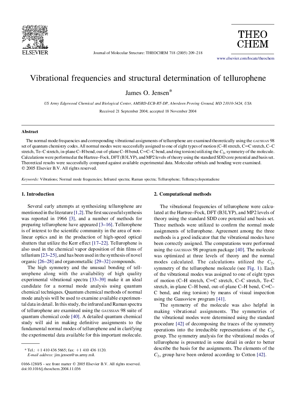 Vibrational frequencies and structural determination of tellurophene