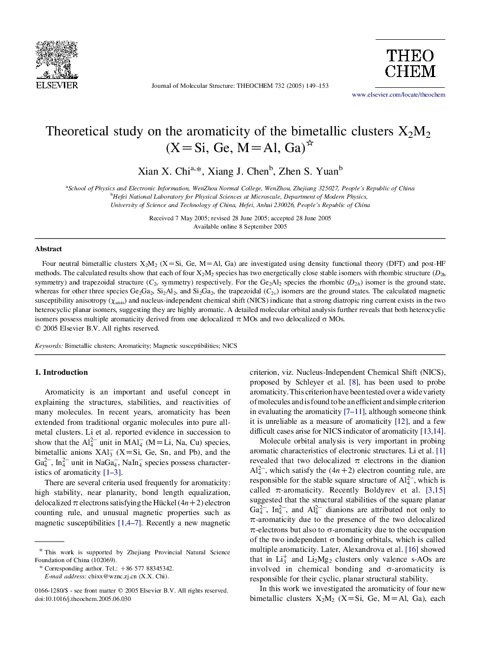 Theoretical study on the aromaticity of the bimetallic clusters X2M2 (X=Si, Ge, M=Al, Ga)