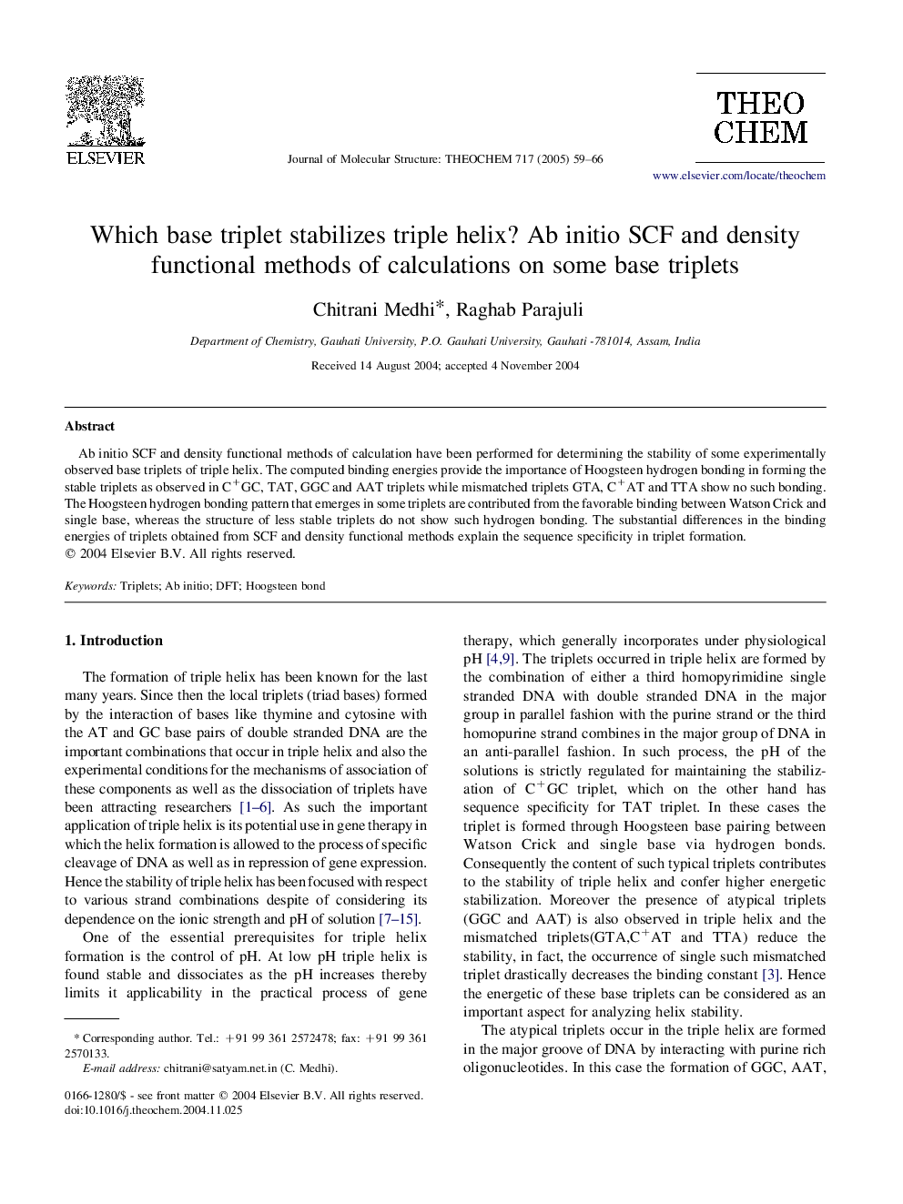 Which base triplet stabilizes triple helix? Ab initio SCF and density functional methods of calculations on some base triplets