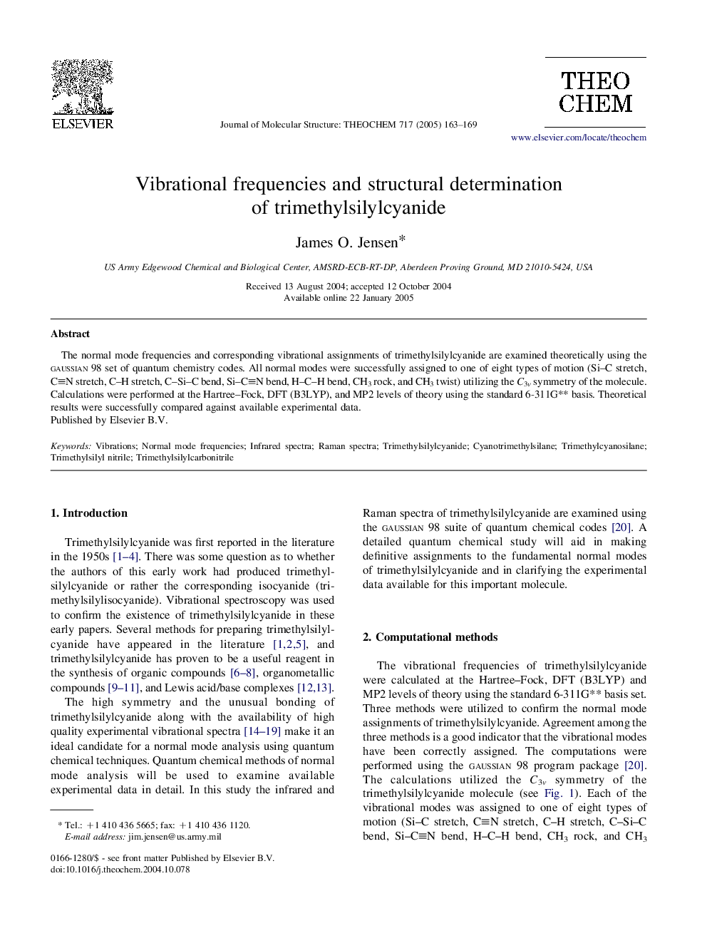 Vibrational frequencies and structural determination of trimethylsilylcyanide