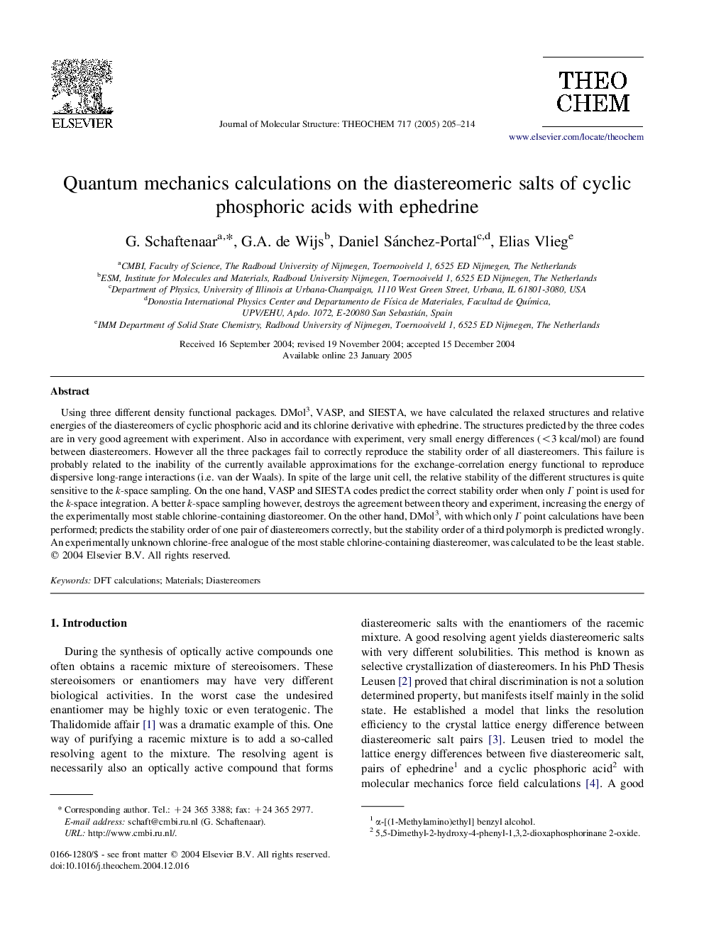 Quantum mechanics calculations on the diastereomeric salts of cyclic phosphoric acids with ephedrine