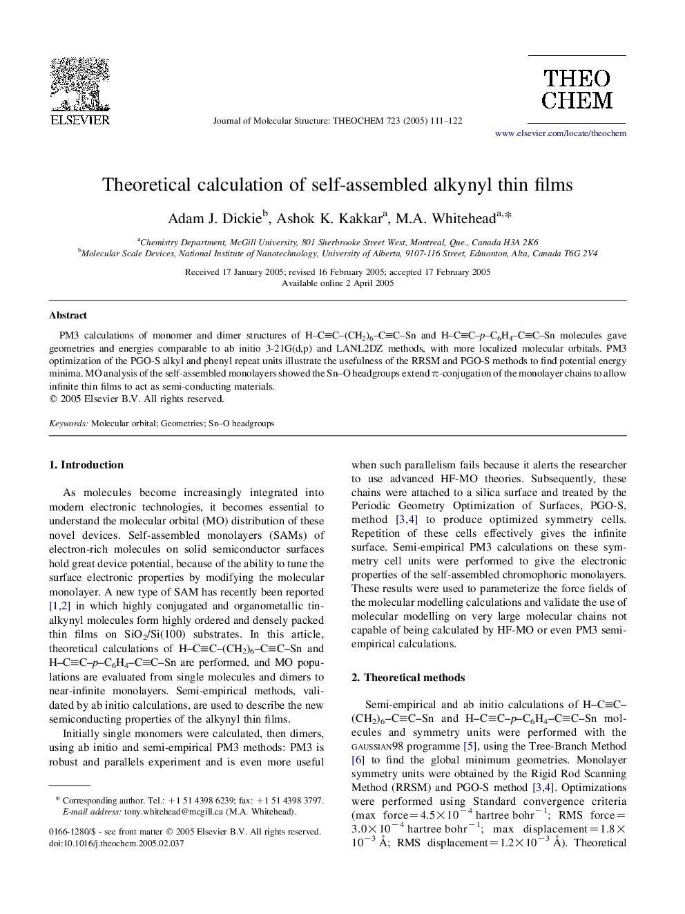 Theoretical calculation of self-assembled alkynyl thin films