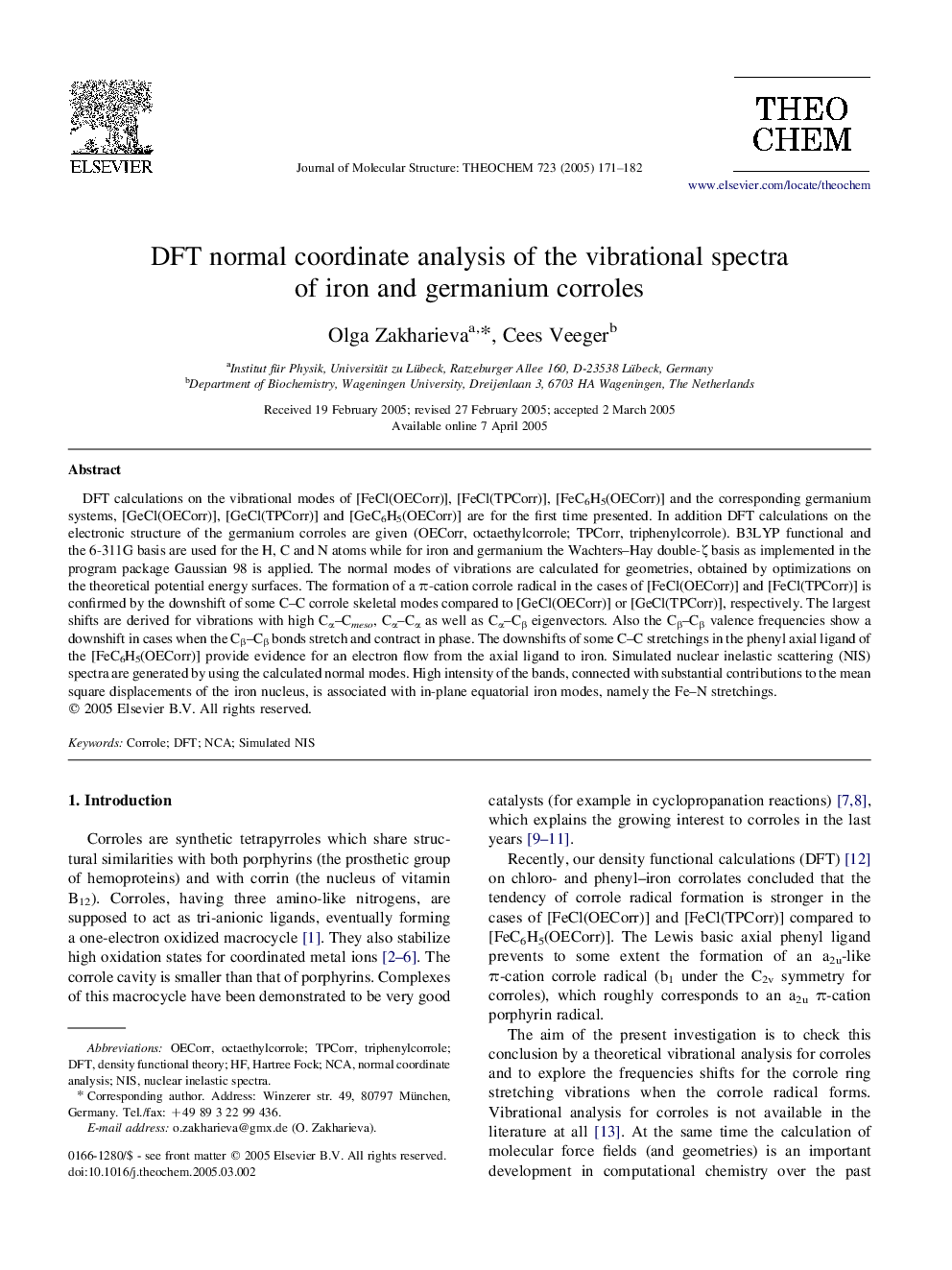 DFT normal coordinate analysis of the vibrational spectra of iron and germanium corroles