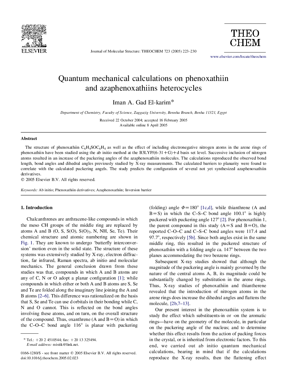 Quantum mechanical calculations on phenoxathiin and azaphenoxathiins heterocycles