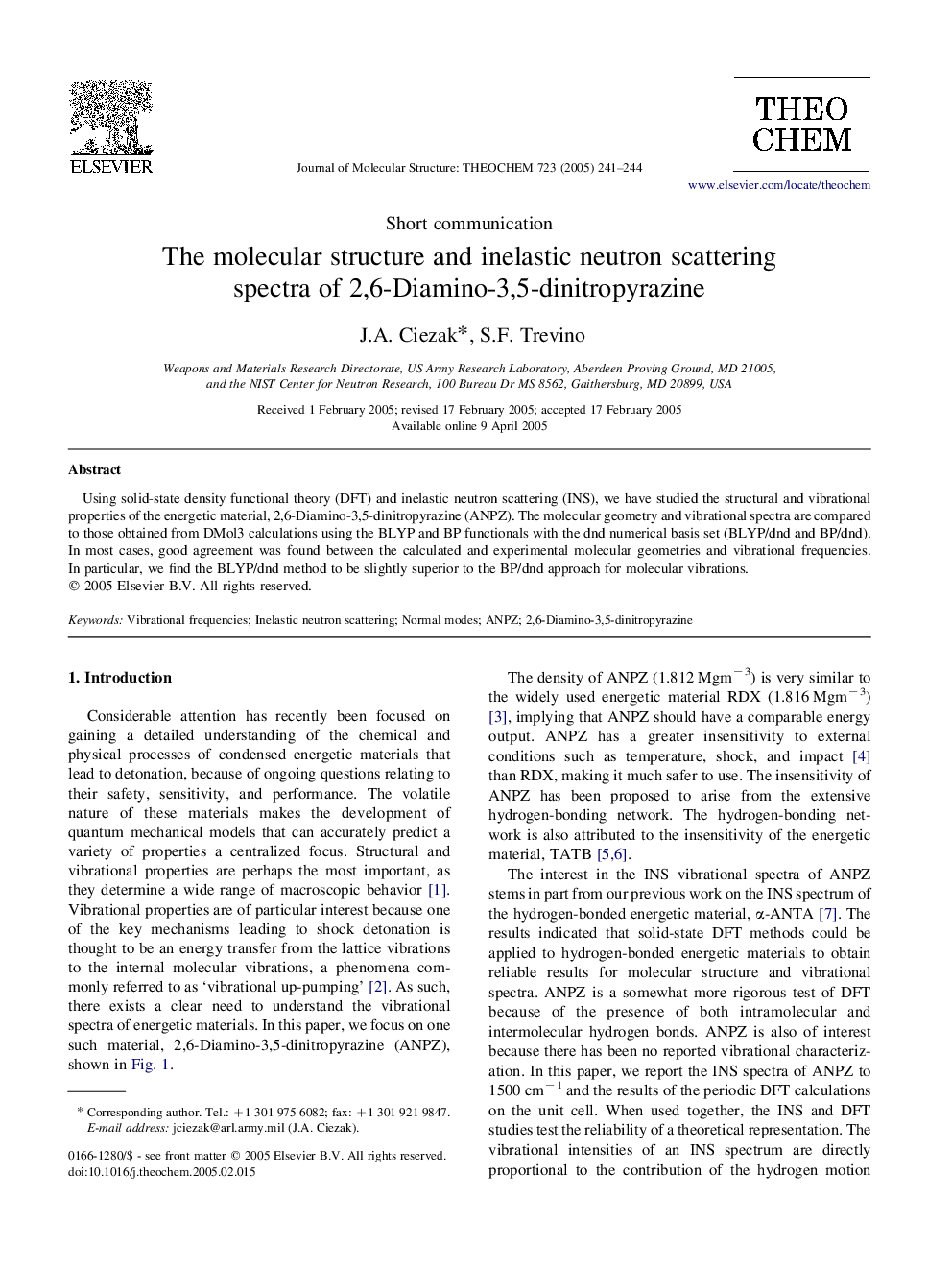 The molecular structure and inelastic neutron scattering spectra of 2,6-Diamino-3,5-dinitropyrazine