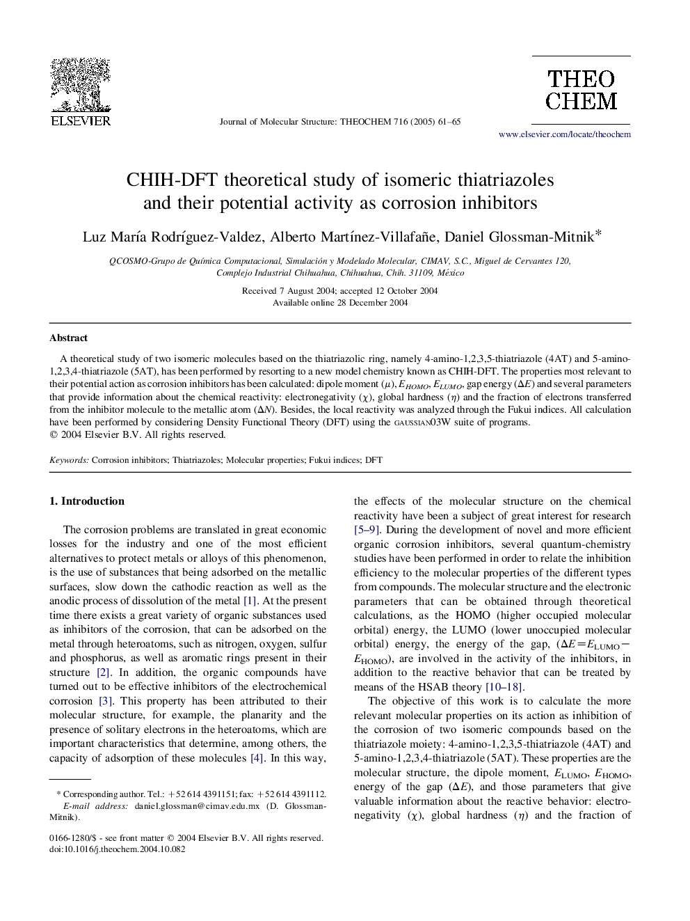 CHIH-DFT theoretical study of isomeric thiatriazoles and their potential activity as corrosion inhibitors