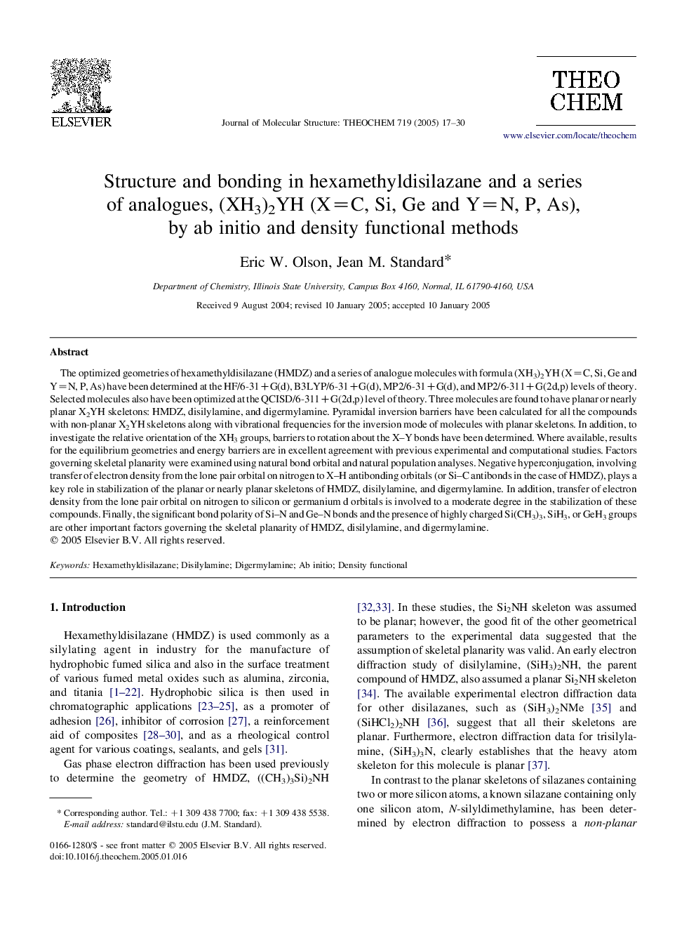 Structure and bonding in hexamethyldisilazane and a series of analogues, (XH3)2YH (X=C, Si, Ge and Y=N, P, As), by ab initio and density functional methods