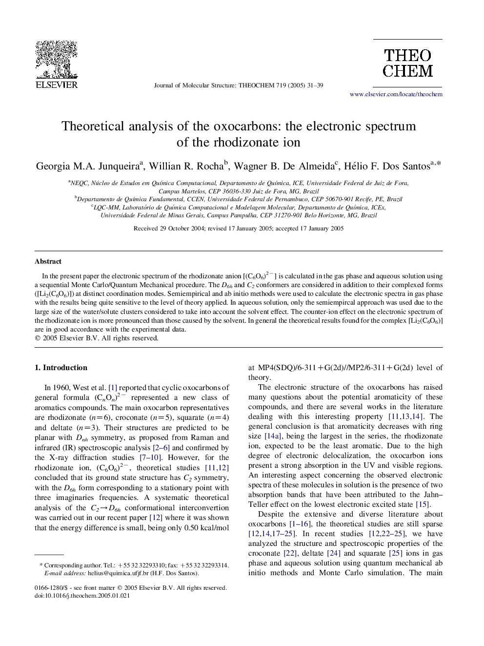 عکس صفحه اول مقاله: Theoretical analysis of the oxocarbons: the electronic spectrum of the rhodizonate ion Theoretical analysis of the oxocarbons: the electronic spectrum of the rhodizonate ion