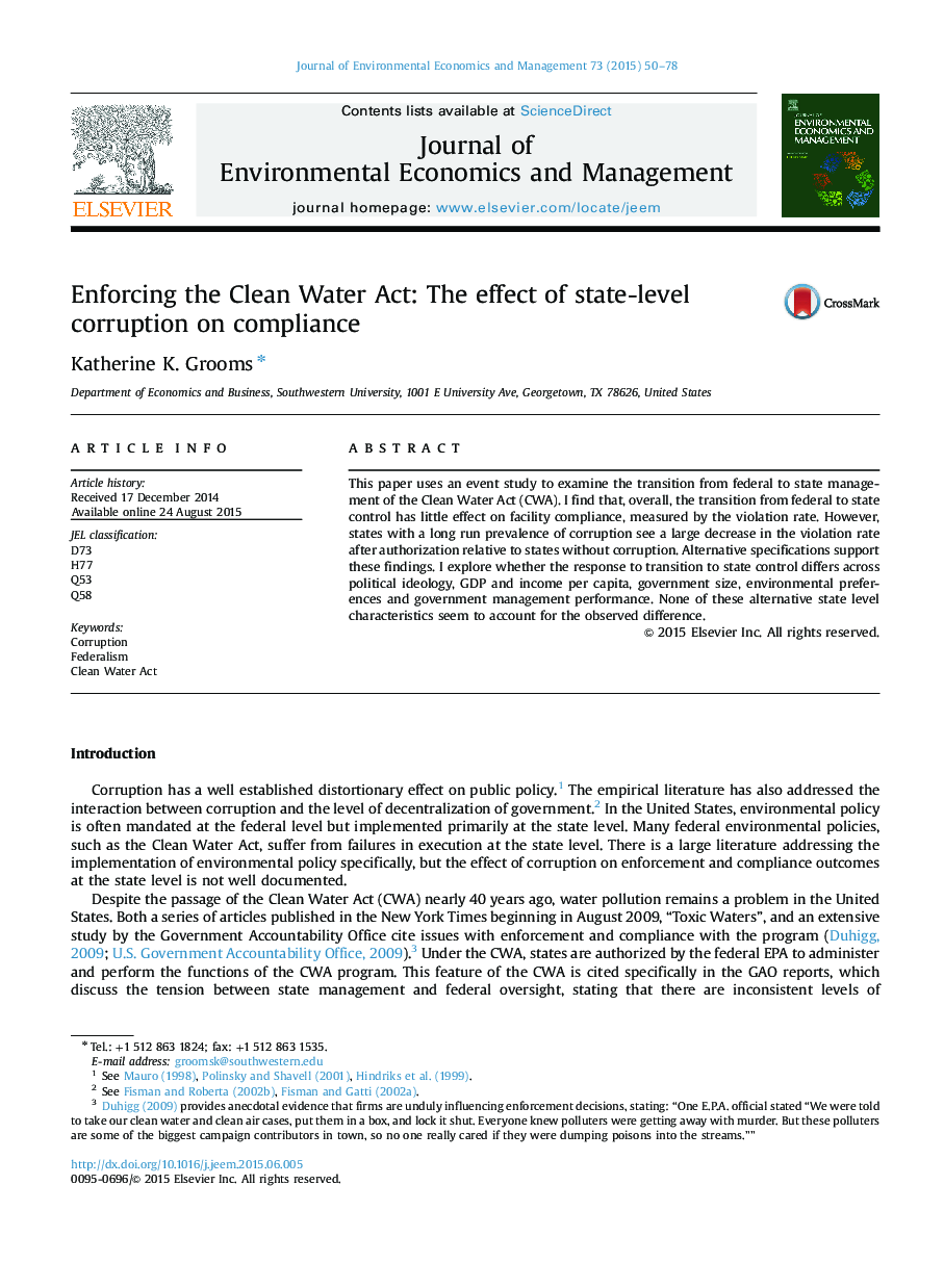 Enforcing the Clean Water Act: The effect of state-level corruption on compliance