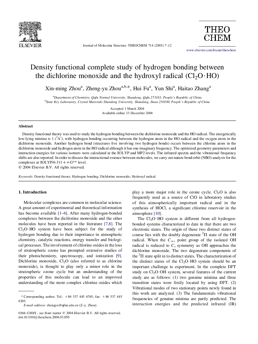 Density functional complete study of hydrogen bonding between the dichlorine monoxide and the hydroxyl radical (Cl2OÂ·HO)