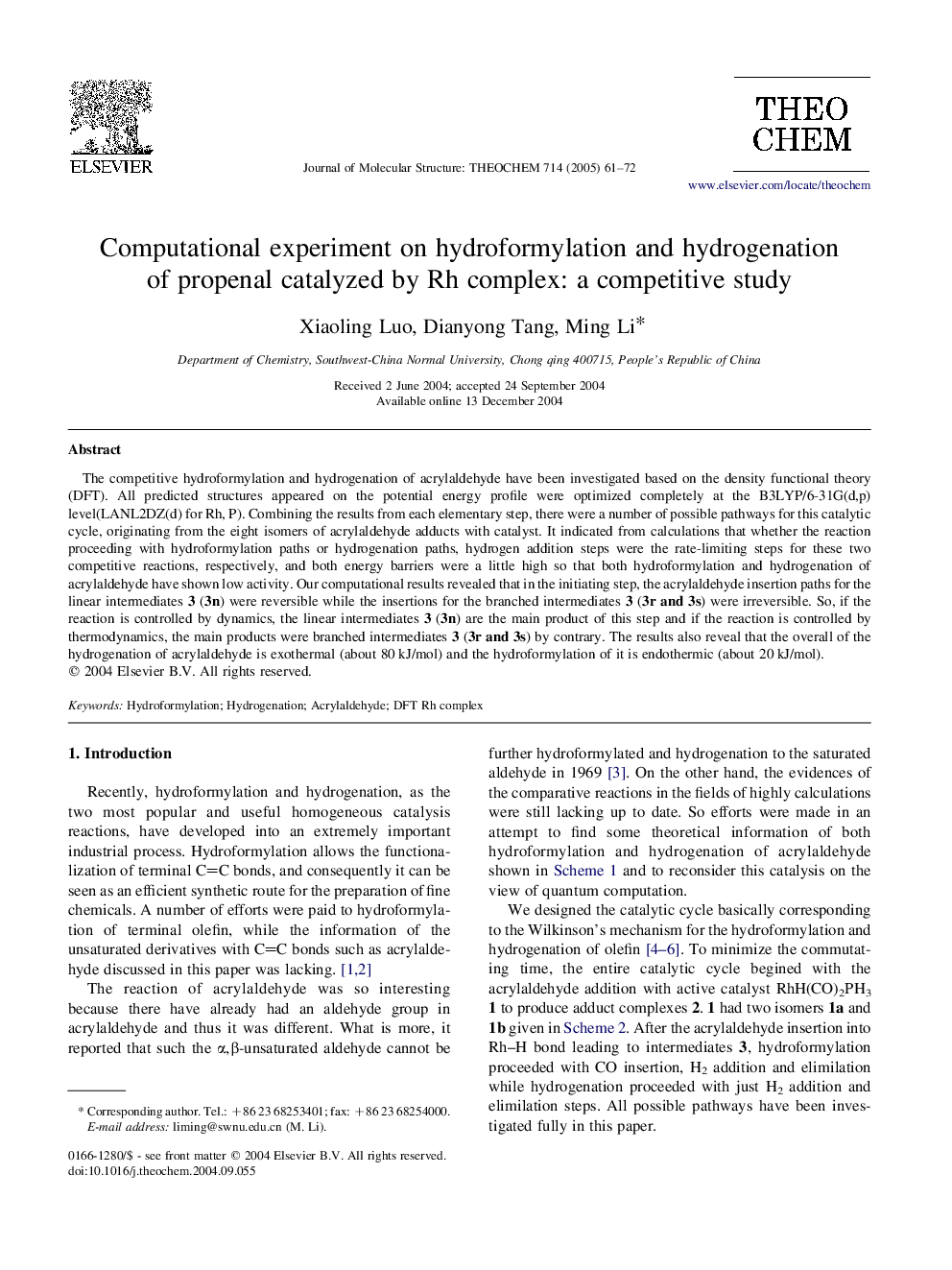 Computational experiment on hydroformylation and hydrogenation of propenal catalyzed by Rh complex: a competitive study