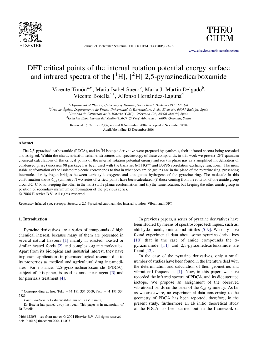 DFT critical points of the internal rotation potential energy surface and infrared spectra of the [1H], [2H] 2,5-pyrazinedicarboxamide