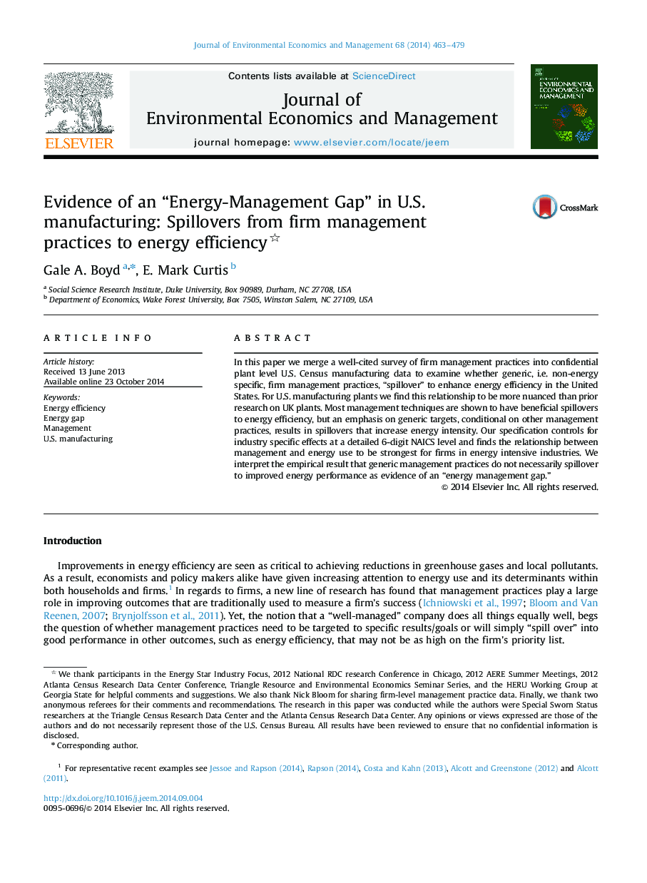 Evidence of an “Energy-Management Gap” in U.S. manufacturing: Spillovers from firm management practices to energy efficiency 