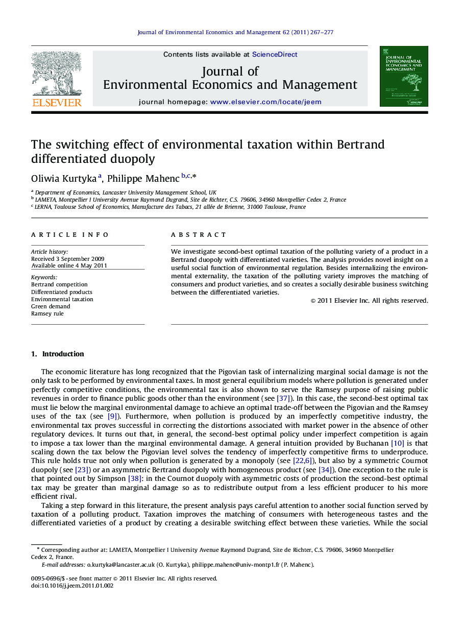 The switching effect of environmental taxation within Bertrand differentiated duopoly