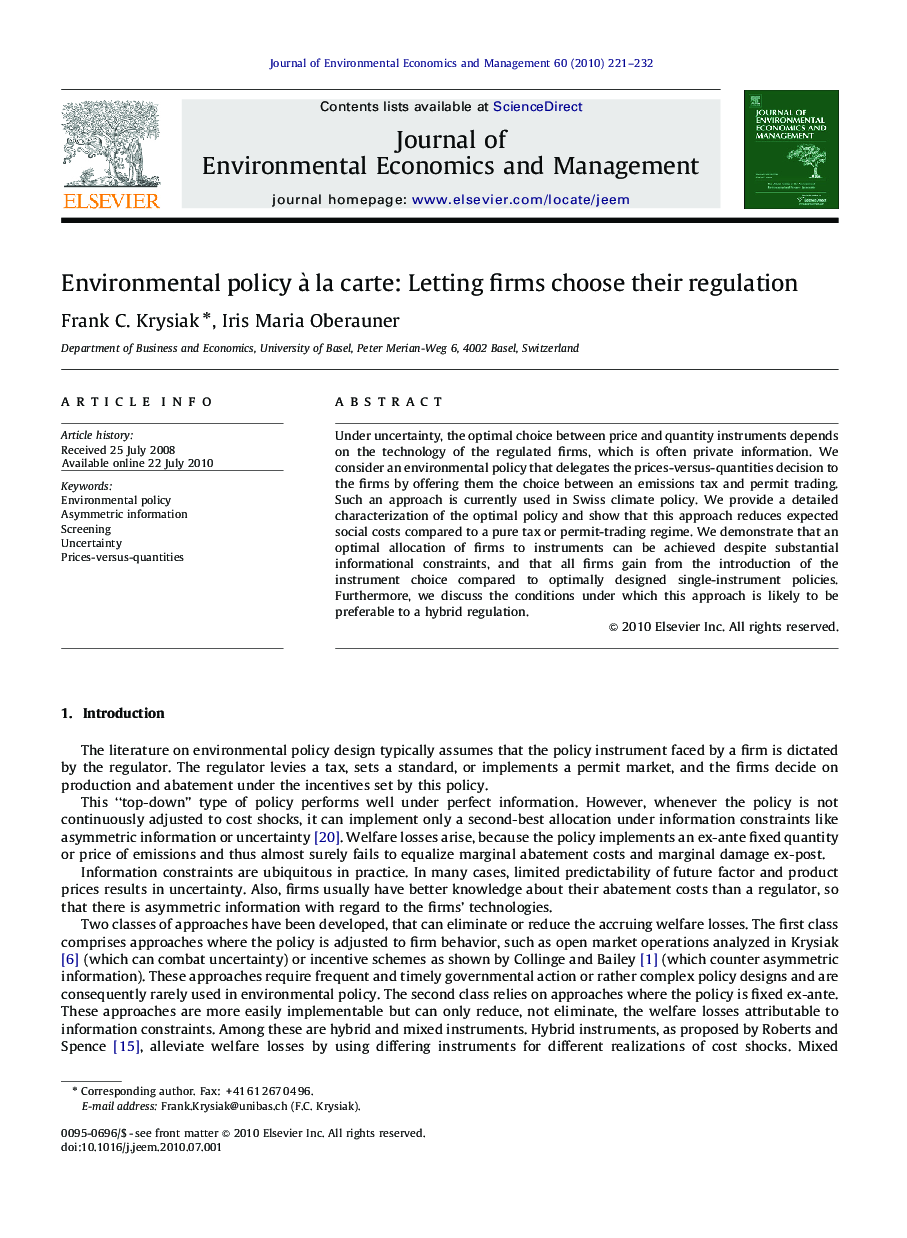 Environmental policy à la carte: Letting firms choose their regulation