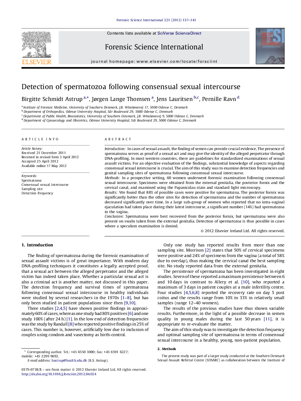 Detection of spermatozoa following consensual sexual intercourse