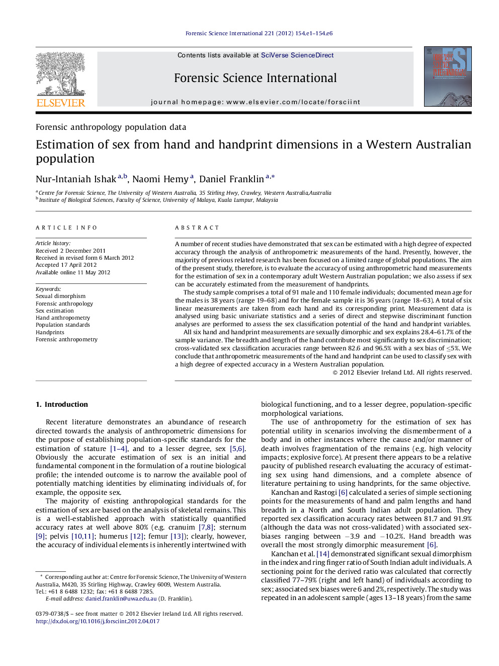 Estimation of sex from hand and handprint dimensions in a Western Australian population