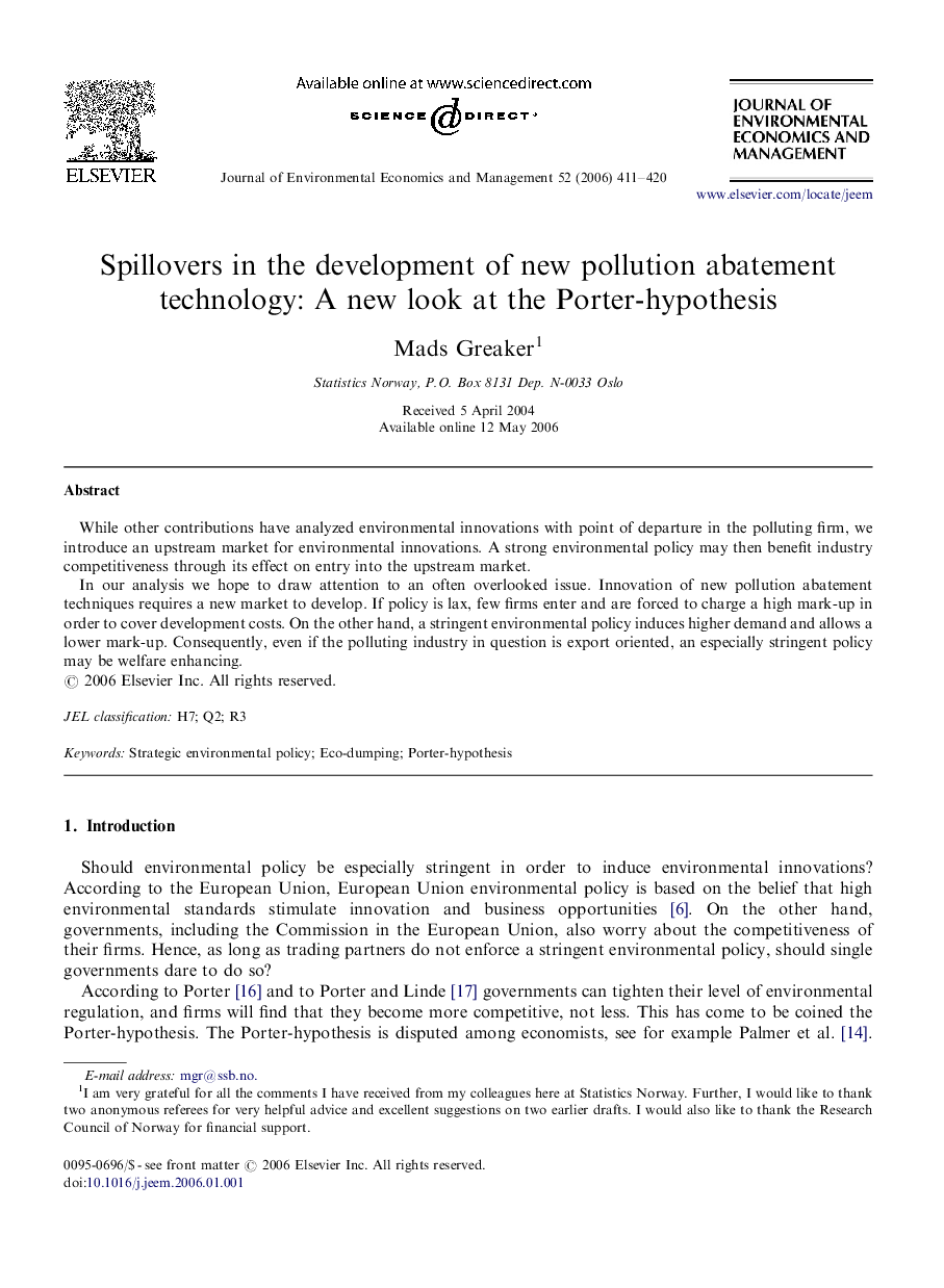 Spillovers in the development of new pollution abatement technology: A new look at the Porter-hypothesis