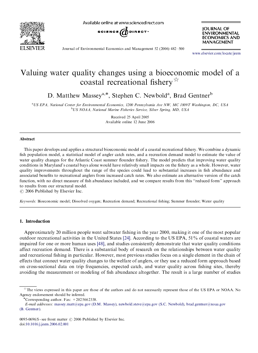 Valuing water quality changes using a bioeconomic model of a coastal recreational fishery 