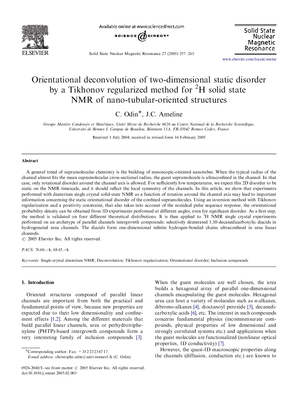 Orientational deconvolution of two-dimensional static disorder by a Tikhonov regularized method for 2H solid state NMR of nano-tubular-oriented structures