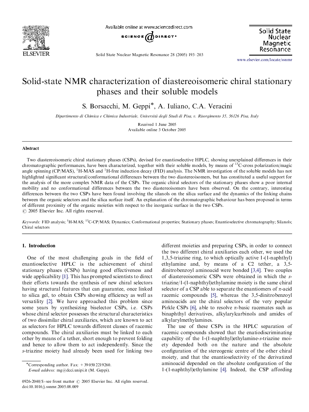 Solid-state NMR characterization of diastereoisomeric chiral stationary phases and their soluble models