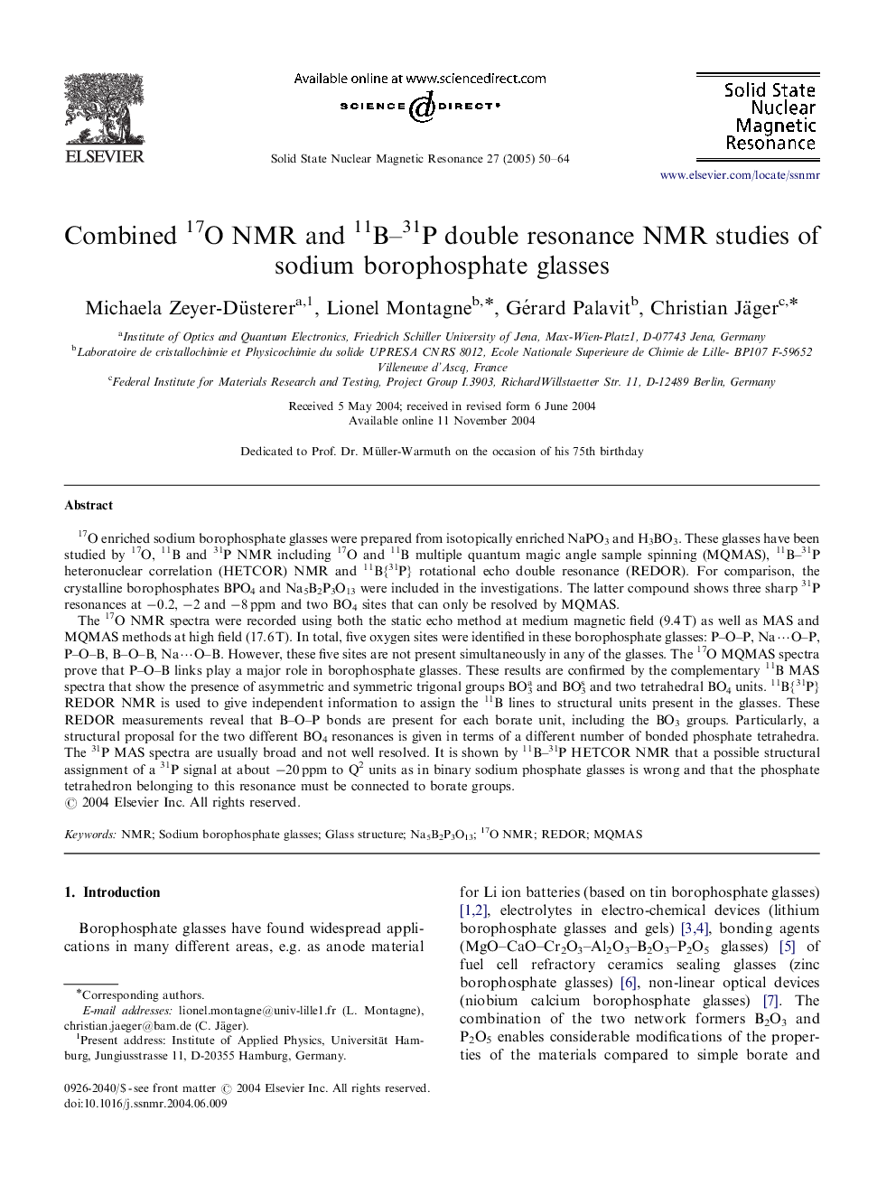 Combined 17O NMR and 11B-31P double resonance NMR studies of sodium borophosphate glasses