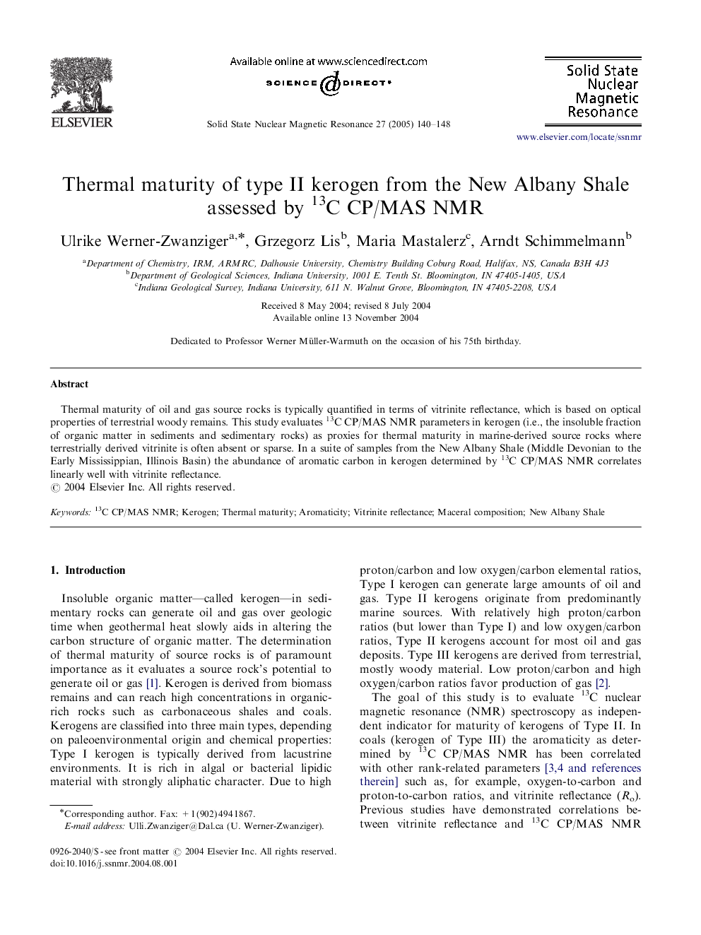 Thermal maturity of type II kerogen from the New Albany Shale assessed by 13C CP/MAS NMR