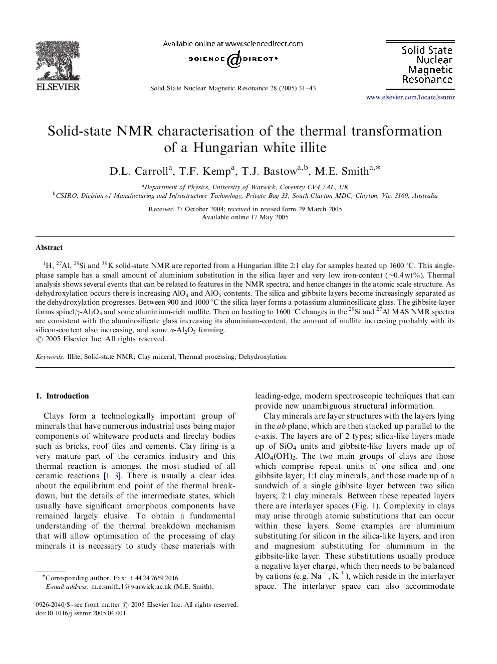 Solid-state NMR characterisation of the thermal transformation of a Hungarian white illite