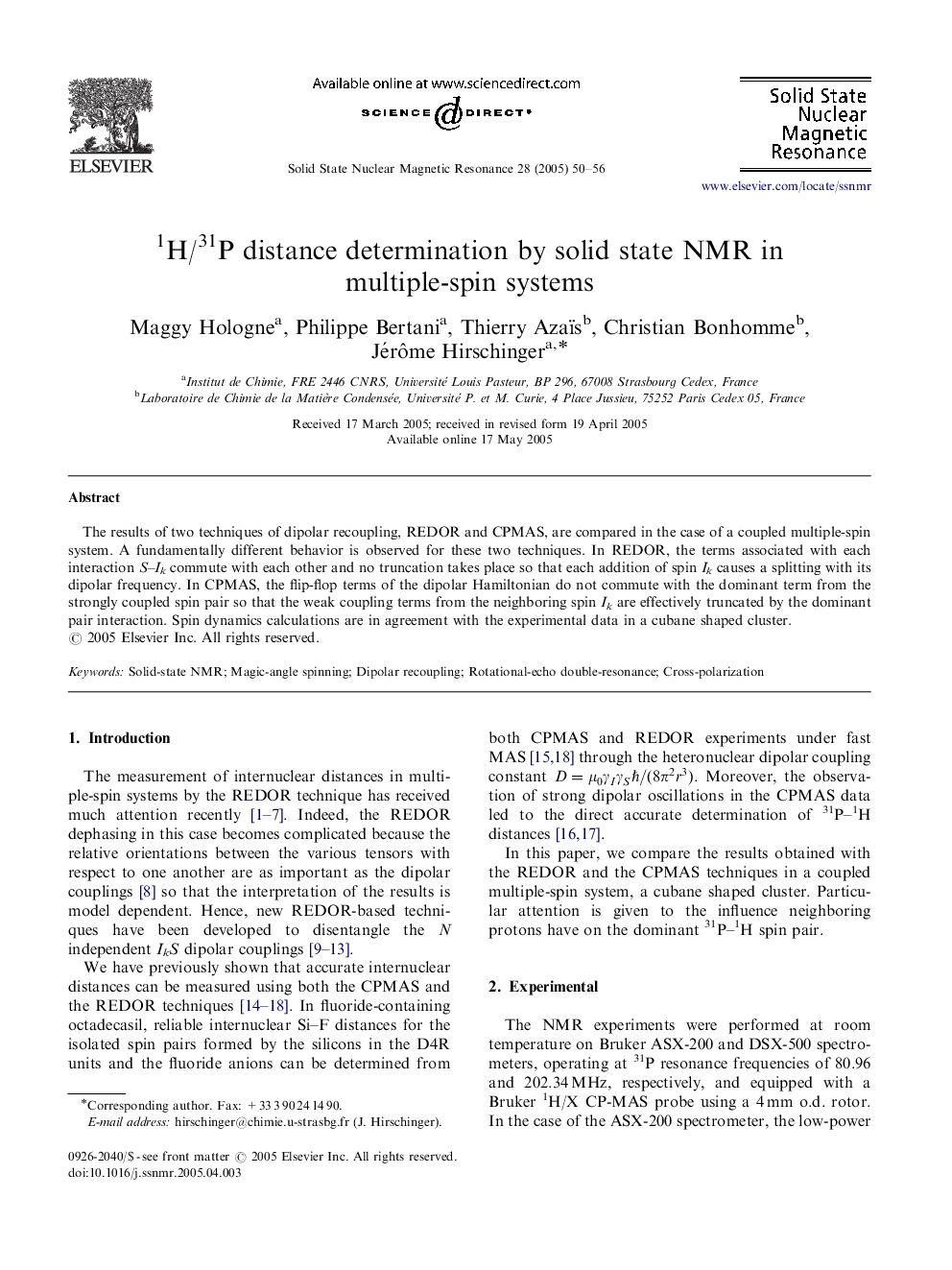 1H/31P distance determination by solid state NMR in multiple-spin systems