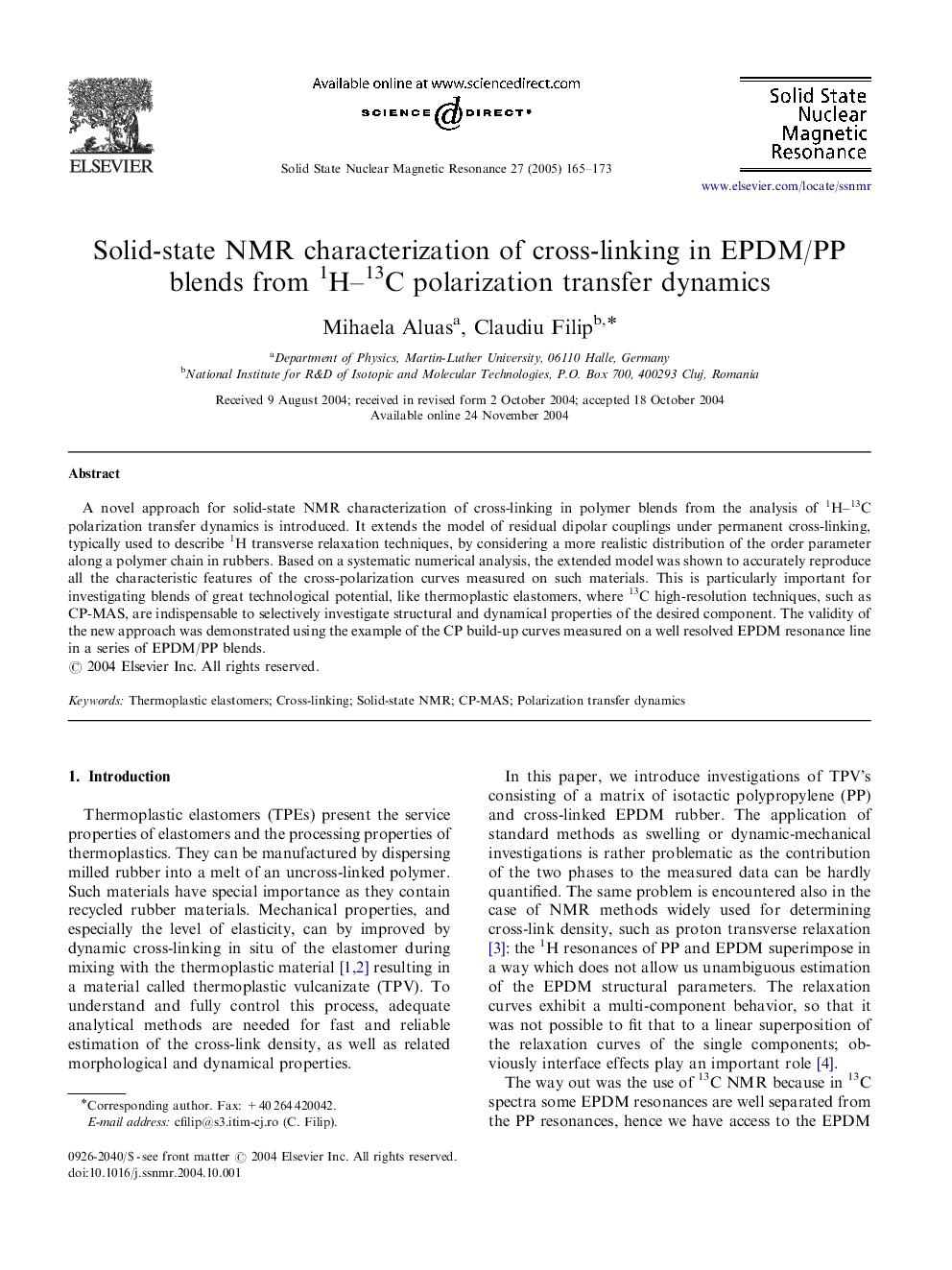 Solid-state NMR characterization of cross-linking in EPDM/PP blends from 1H-13C polarization transfer dynamics