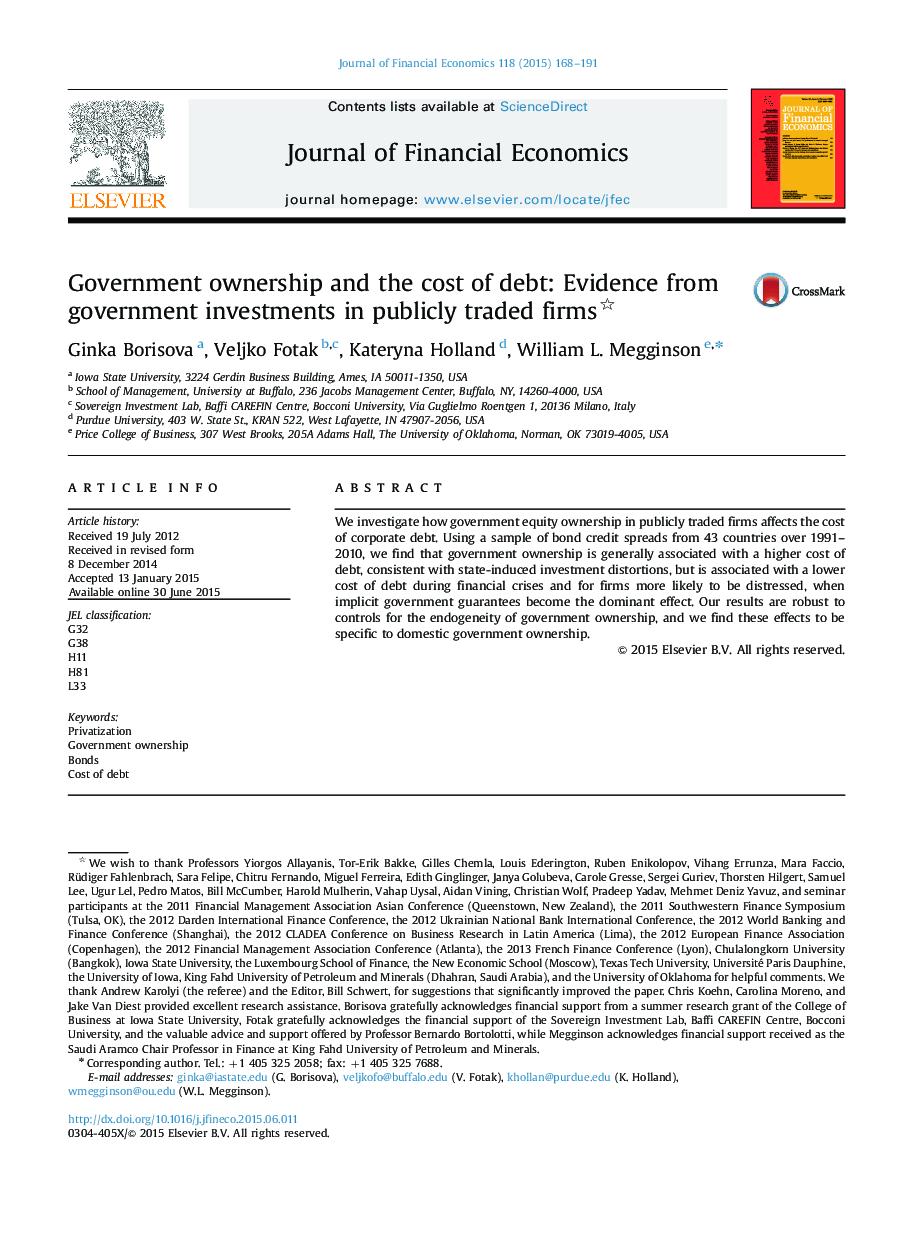 Government ownership and the cost of debt: Evidence from government investments in publicly traded firms 