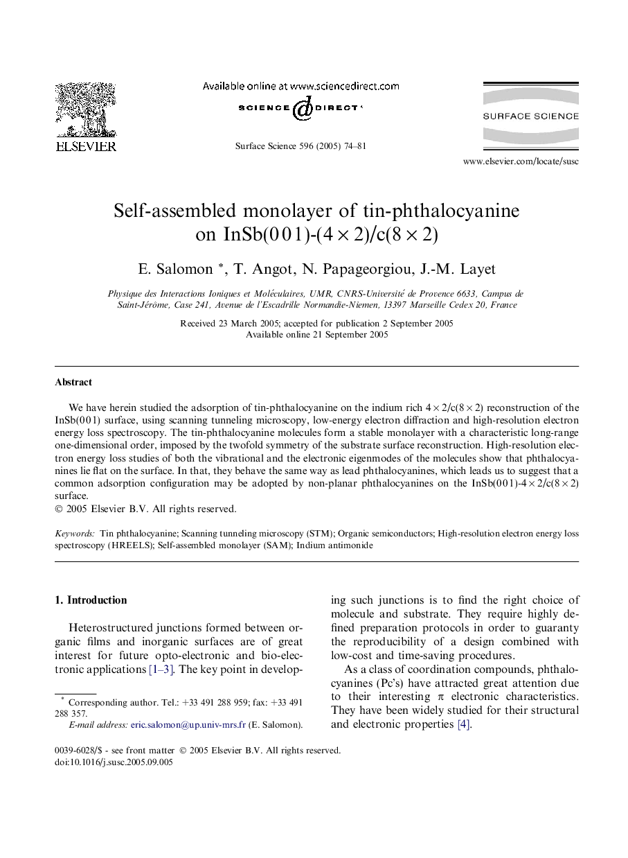 Self-assembled monolayer of tin-phthalocyanine on InSb(0Â 0Â 1)-(4Â ÃÂ 2)/c(8Â ÃÂ 2)