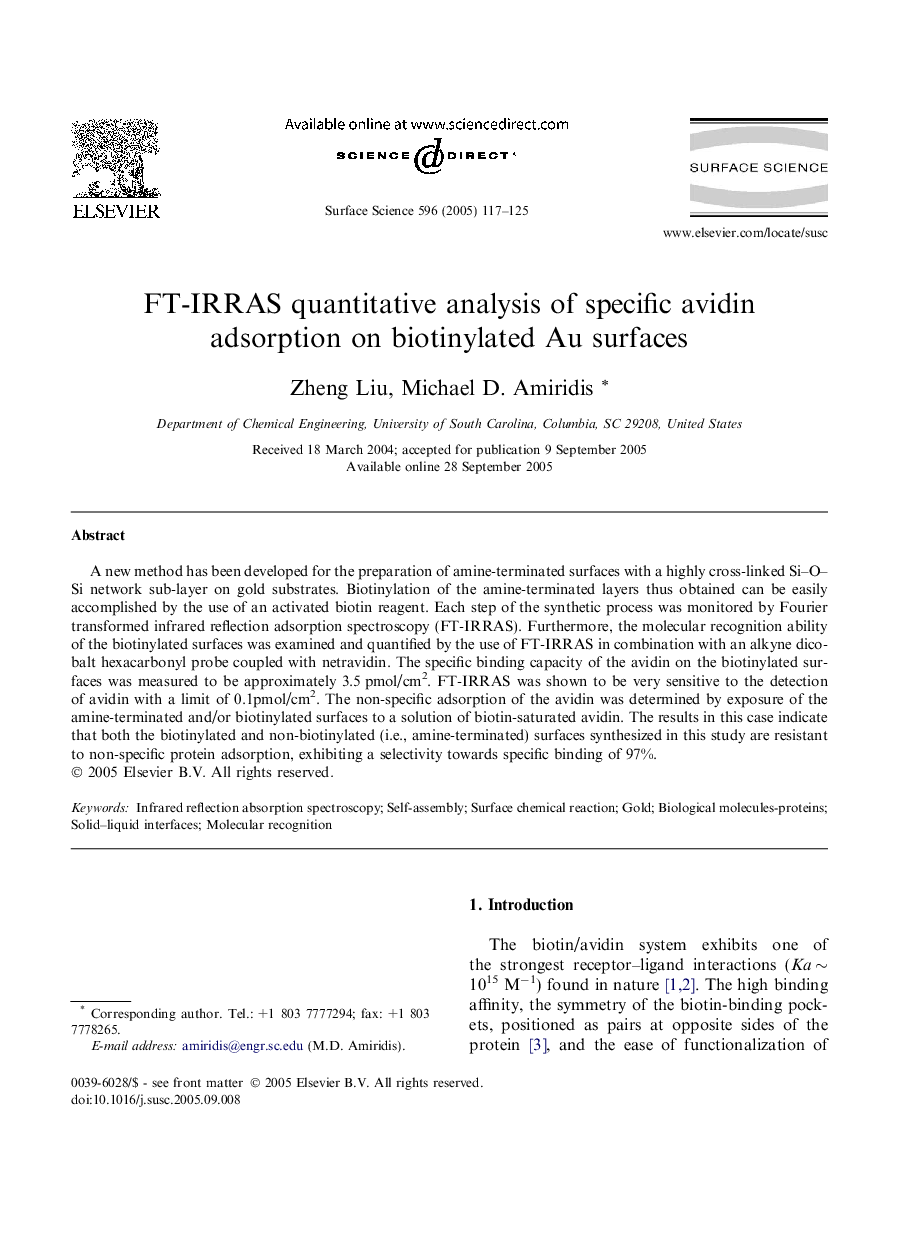 FT-IRRAS quantitative analysis of specific avidin adsorption on biotinylated Au surfaces