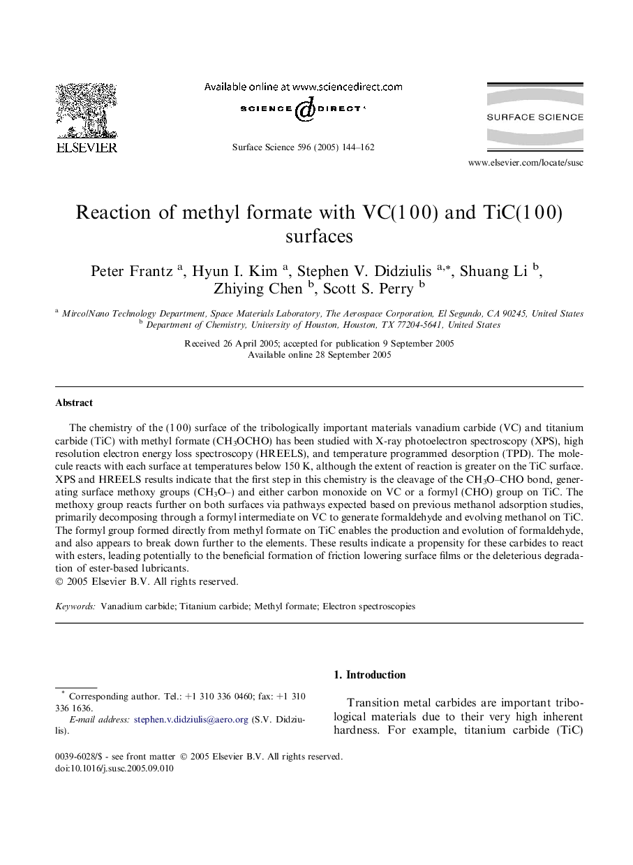 Reaction of methyl formate with VC(1Â 0Â 0) and TiC(1Â 0Â 0) surfaces