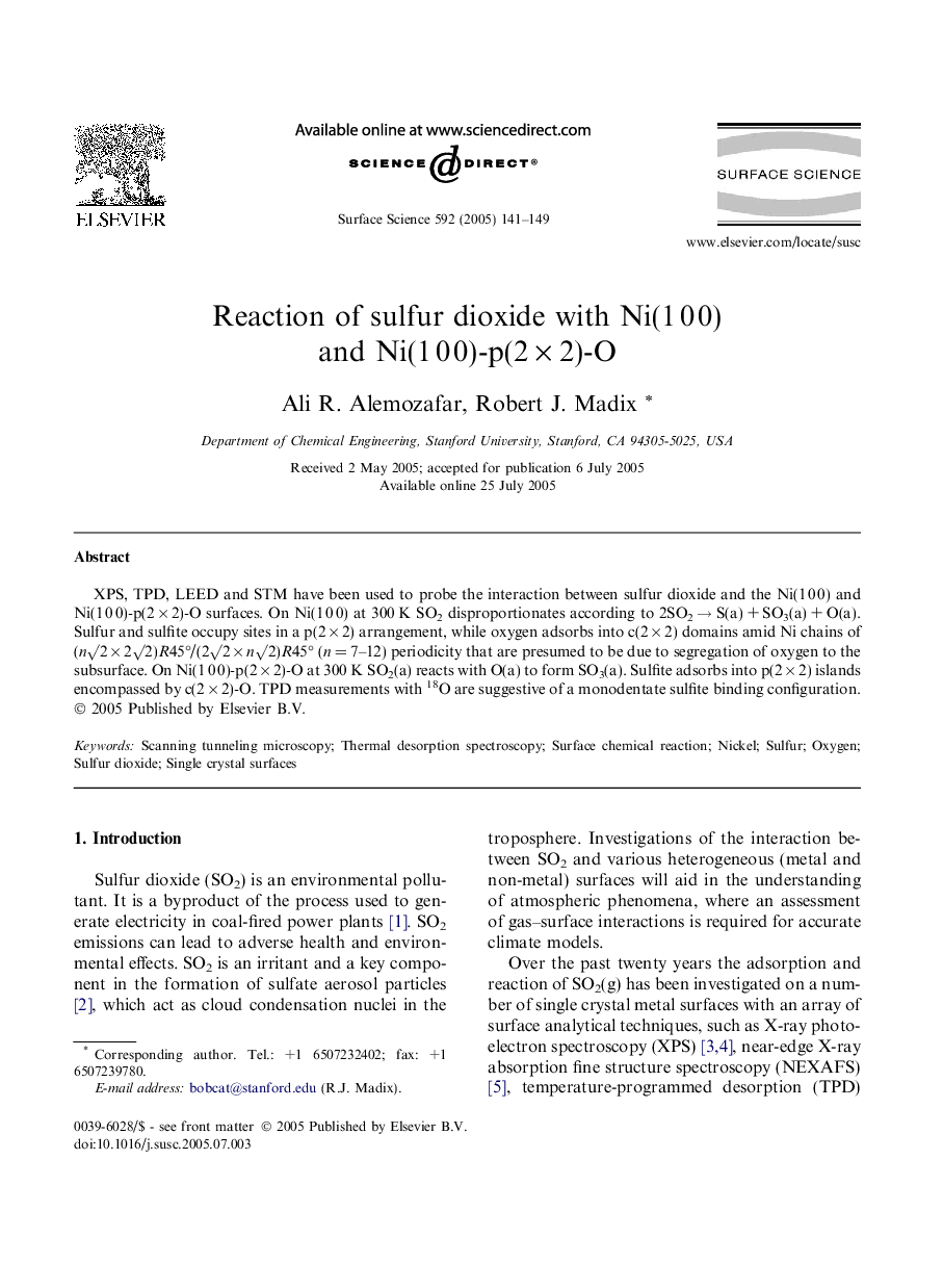 Reaction of sulfur dioxide with Ni(1Â 0Â 0) and Ni(1Â 0Â 0)-p(2Â ÃÂ 2)-O