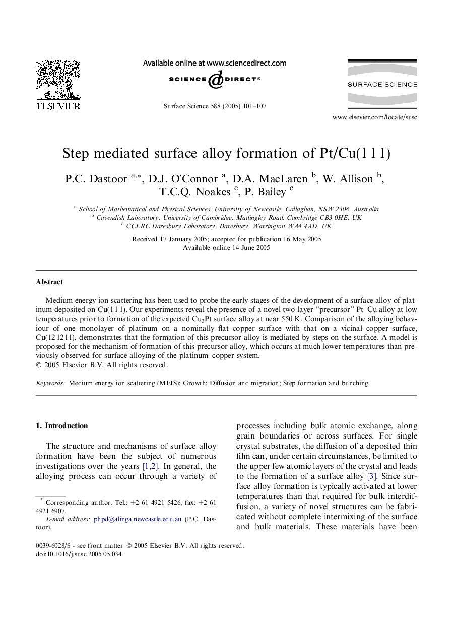 Step mediated surface alloy formation of Pt/Cu(1Â 1Â 1)