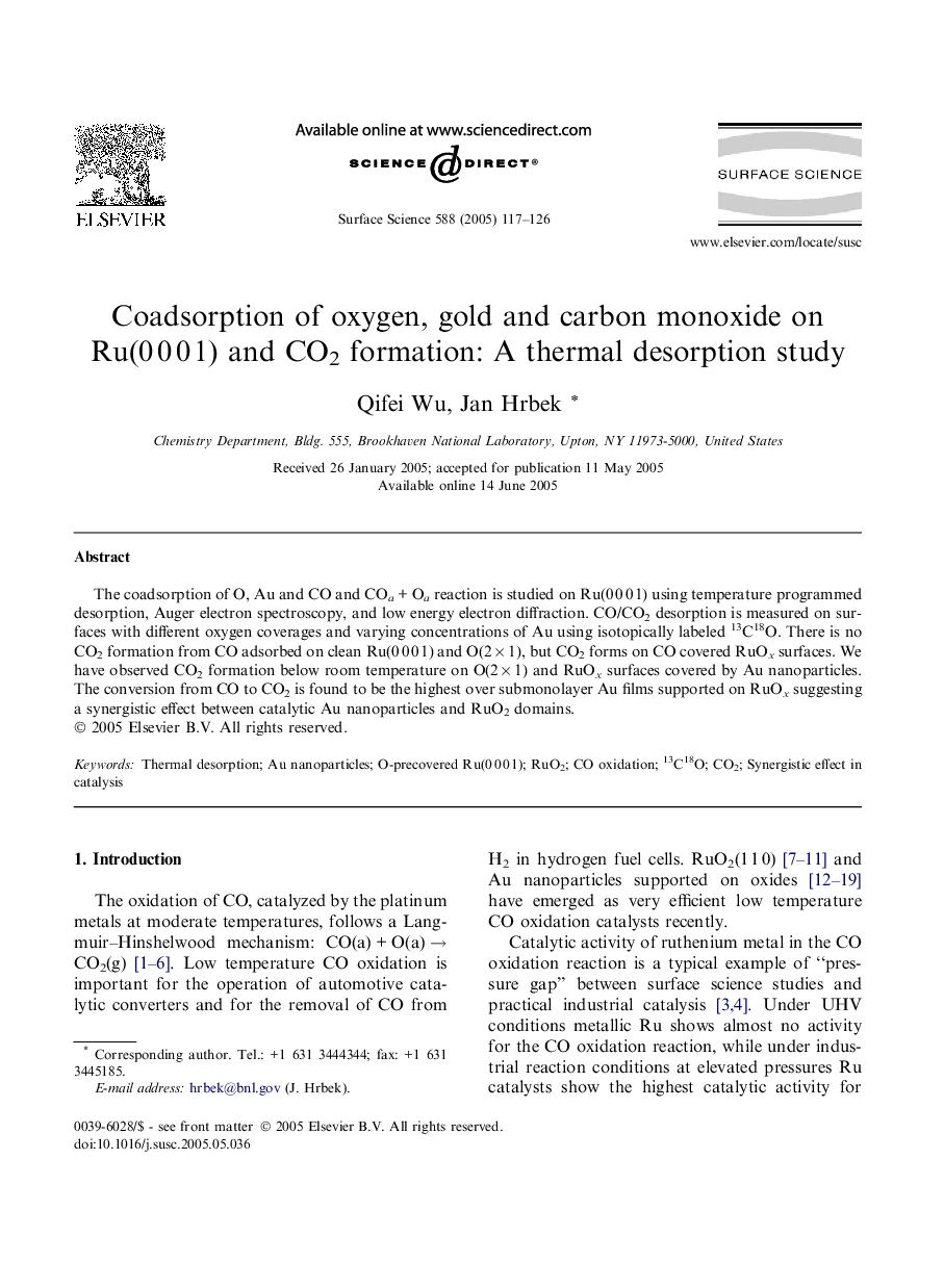 Coadsorption of oxygen, gold and carbon monoxide on Ru(0Â 0Â 0Â 1) and CO2 formation: A thermal desorption study