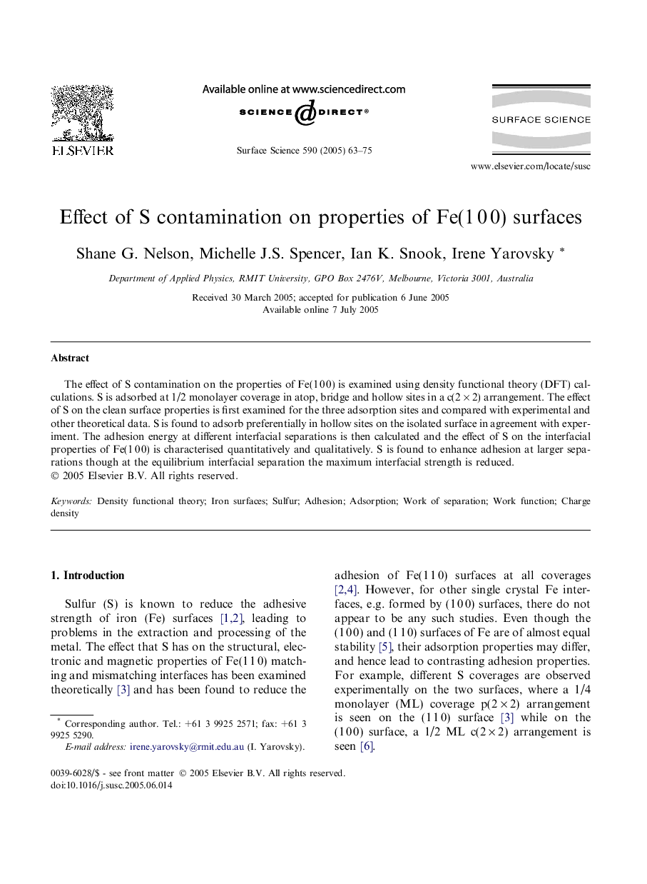 Effect of S contamination on properties of Fe(1Â 0Â 0) surfaces