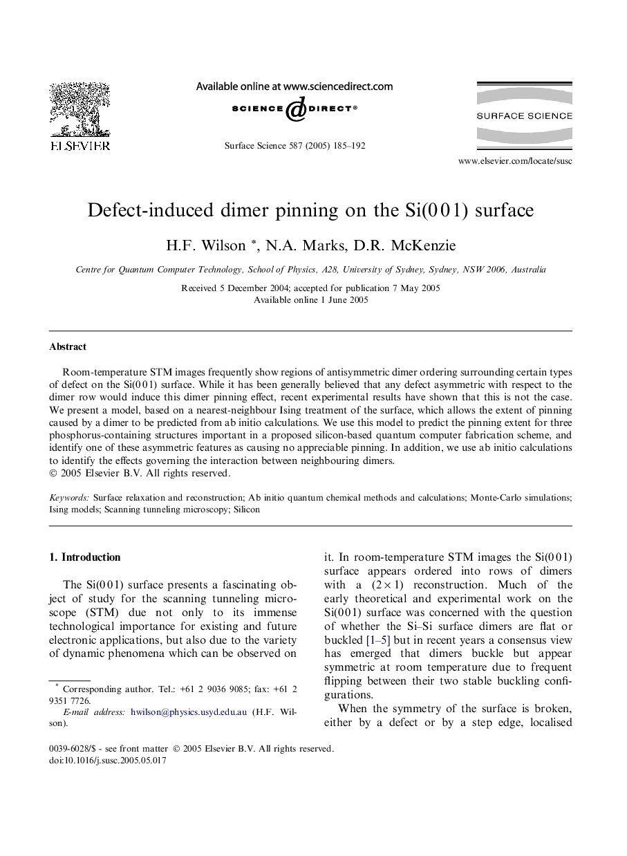 Defect-induced dimer pinning on the Si(0Â 0Â 1) surface