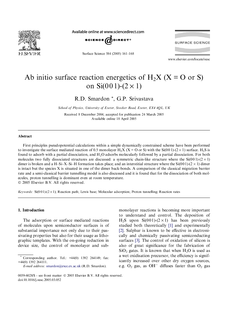 Ab initio surface reaction energetics of H2X (XÂ =Â O or S) on Si(0Â 0Â 1)-(2Â ÃÂ 1)