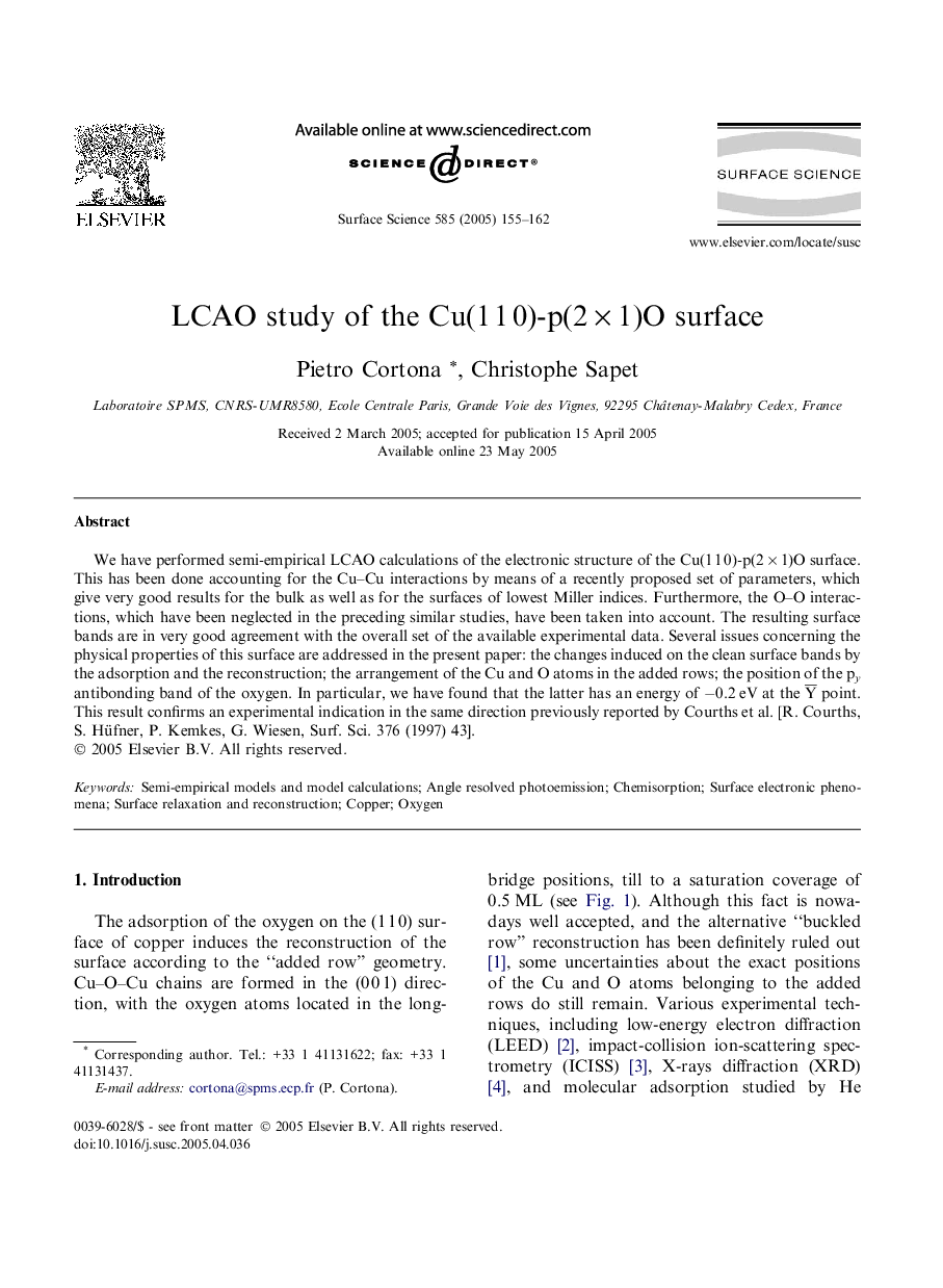 LCAO study of the Cu(1Â 1Â 0)-p(2Â ÃÂ 1)O surface