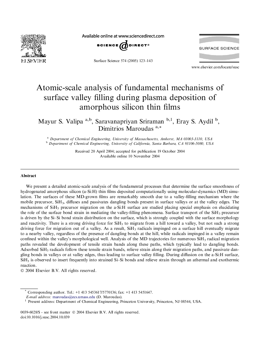 Atomic-scale analysis of fundamental mechanisms of surface valley filling during plasma deposition of amorphous silicon thin films