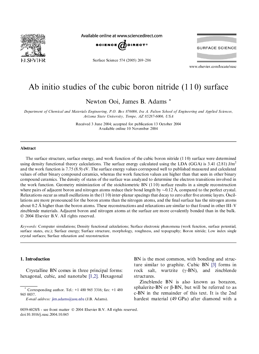 Ab initio studies of the cubic boron nitride (1Â 1Â 0) surface